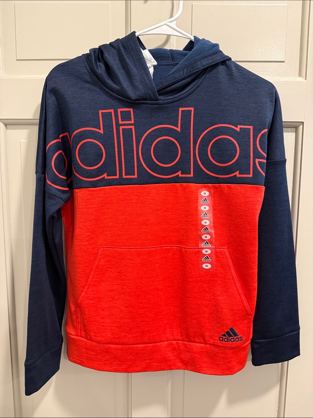 NWT Adidas Boys Colorblock Fleece Pullover Hoodie Navy Orange Style AA6767T Sz M
